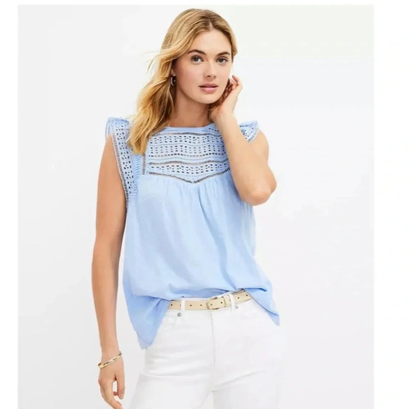 NWT Loft Ann Taylor Eyelet Flutter Cap Sleeve Top - Picture 1 of 8